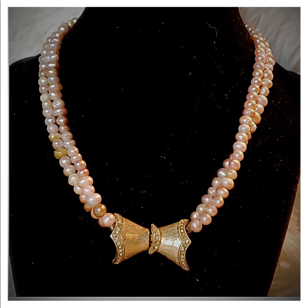 Double Strand Pink Pearl Antique Bow Necklace